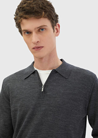 Antrasit Polo Yaka Düz Örgü %100 Yün Triko Kazak