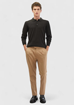 Antrasit Polo Yaka Düz Örgü İpek Karışımlı Triko Kazak