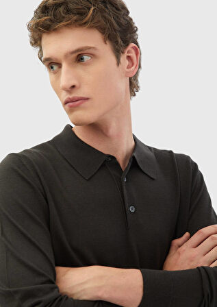 Antrasit Polo Yaka Düz Örgü İpek Karışımlı Triko Kazak