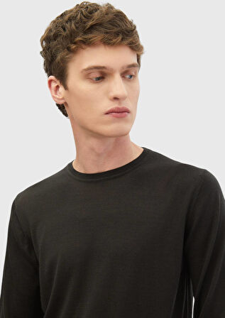 Antrasit Bisiklet Yaka Düz Örgü İpek Karışımlı Triko Kazak