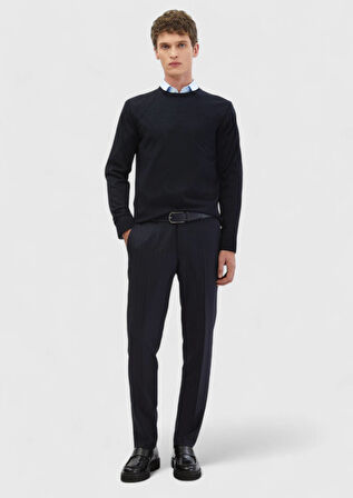 Lacivert Bisiklet Yaka Düz Örgü İpek Karışımlı Triko Kazak