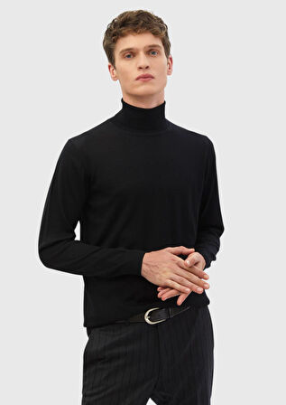 Siyah Tam Balıkçı Yaka Düz Örgü İpek Karışımlı Triko Kazak