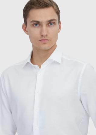 Beyaz Düz Regular Fit Uzun Dokuma Klasik Pamuk Karışımlı Gömlek