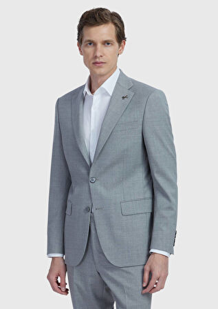 Gri Düz Modern Fit Yün Karışımlı Takım Elbise