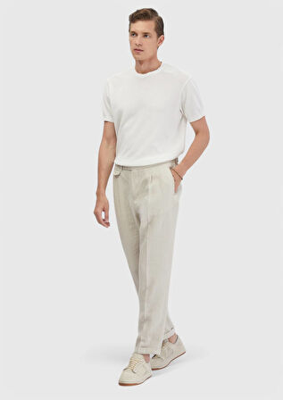 Beyaz Jakarlı Bisiklet Yaka %100 Pamuk T-Shirt