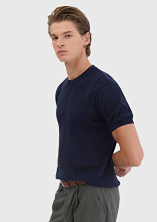 Lacivert Jakarlı Bisiklet Yaka %100 Pamuk T-Shirt