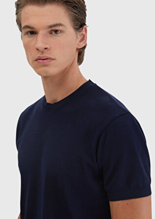 Lacivert Jakarlı Bisiklet Yaka %100 Pamuk T-Shirt