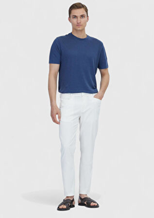 İndigo Düz Bisiklet Yaka %100 Keten T-Shirt