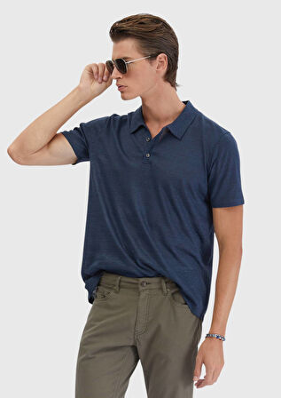 Lacivert Düz Polo Yaka %100 Keten T-Shirt