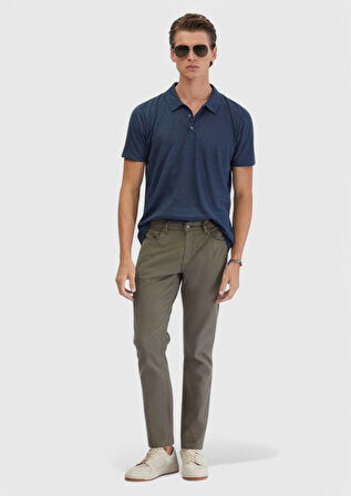 Lacivert Düz Polo Yaka %100 Keten T-Shirt