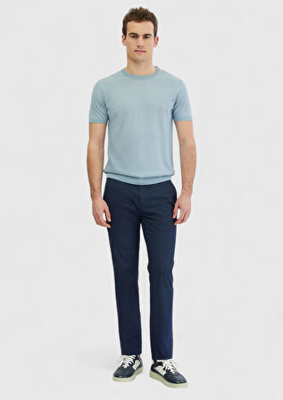 Açık Mavi Bisiklet Yaka Düz Örgü Keten Karışımlı Triko