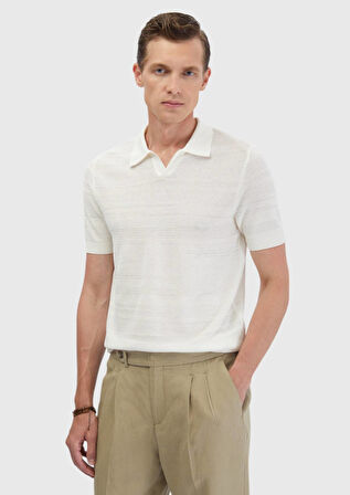 Ekru Polo Yaka Jakarlı Keten Karışımlı Triko