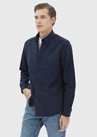 Lacivert Çizgili Casual Fit Dokuma Casual %100 Pamuk Gömlek