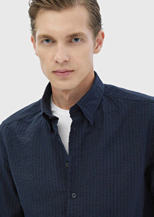 Lacivert Çizgili Casual Fit Dokuma Casual %100 Pamuk Gömlek