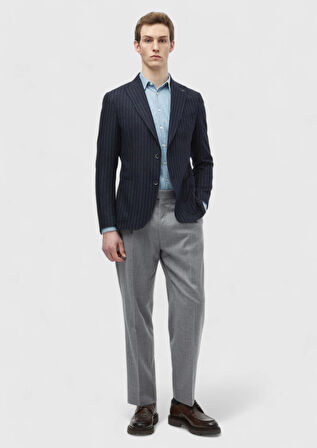 Lacivert Çizgili Zeroweight Slim Fit Yün Karışımlı Ceket