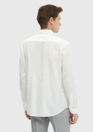 Ekru Düz Casual Fit Dokuma Casual Pamuk Karışımlı Gömlek