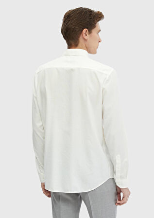 Ekru Düz Casual Fit Dokuma Casual Pamuk Karışımlı Gömlek