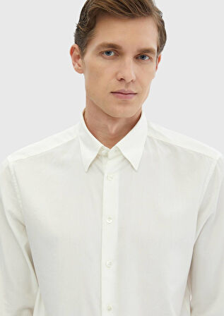 Ekru Düz Casual Fit Dokuma Casual Pamuk Karışımlı Gömlek