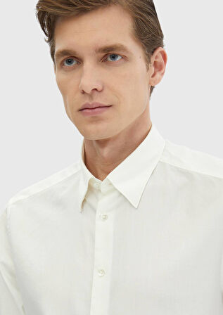 Ekru Düz Casual Fit Dokuma Casual Pamuk Karışımlı Gömlek