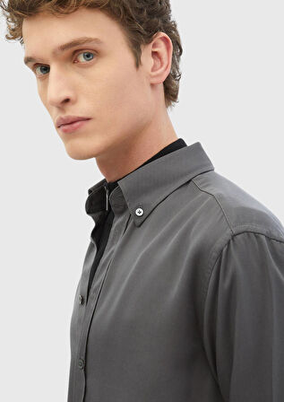 Gri Düz Casual Fit Dokuma Casual Gömlek