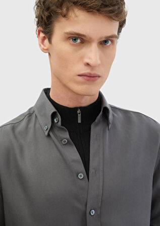 Gri Düz Casual Fit Dokuma Casual Gömlek