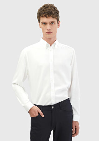 Beyaz Düz Casual Fit Dokuma Casual Gömlek