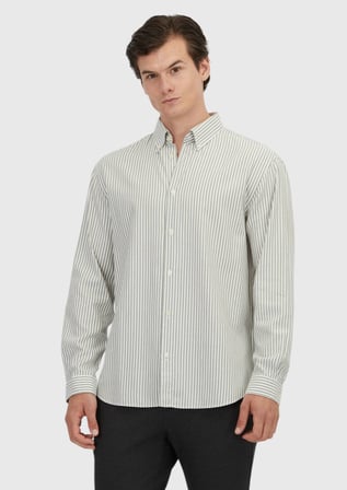 Yeşil Çizgili Loose Fit Uzun Dokuma Casual Pamuk Karışımlı Gömlek