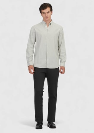 Yeşil Çizgili Loose Fit Uzun Dokuma Casual Pamuk Karışımlı Gömlek
