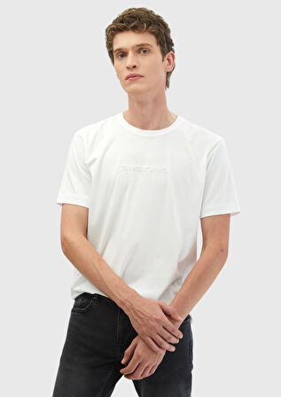 Beyaz Baskılı Bisiklet Yaka %100 Pamuk T-Shirt