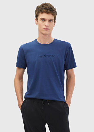 Saks Baskılı Bisiklet Yaka %100 Pamuk T-Shirt