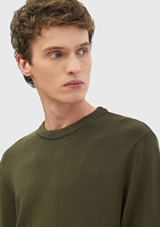 Haki Bisiklet Yaka Jakarlı Triko Kazak