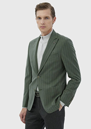 Açık Yeşil Çizgili Zeroweight Slim Fit Pamuk Karışımlı Ceket