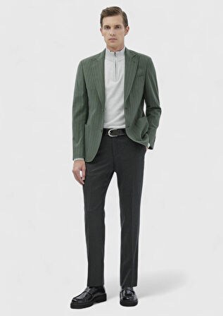 Açık Yeşil Çizgili Zeroweight Slim Fit Pamuk Karışımlı Ceket