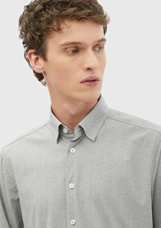 Açık Gri Baskılı Casual Fit Casual Gömlek
