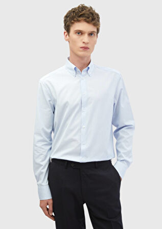 Mavi Çizgili Regular Fit Dokuma Klasik %100 Pamuk Gömlek