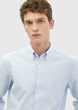 Mavi Çizgili Regular Fit Dokuma Klasik %100 Pamuk Gömlek