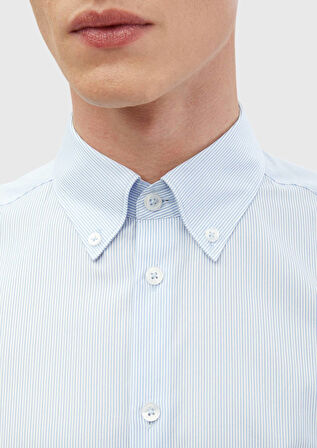 Mavi Çizgili Regular Fit Dokuma Klasik %100 Pamuk Gömlek