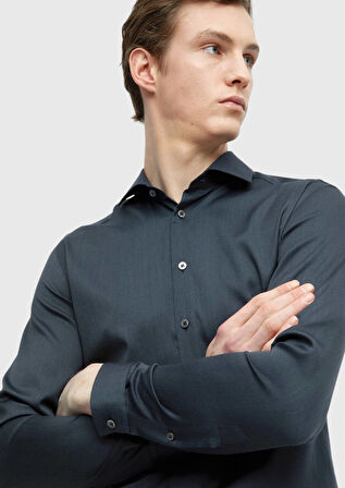 Antrasit Düz Casual Fit Dokuma Casual İpek Karışımlı Gömlek