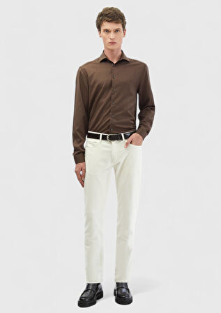 Kahverengi Düz Casual Fit Dokuma Casual İpek Karışımlı Gömlek