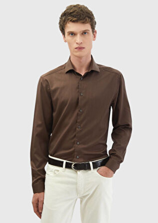 Kahverengi Düz Casual Fit Dokuma Casual İpek Karışımlı Gömlek