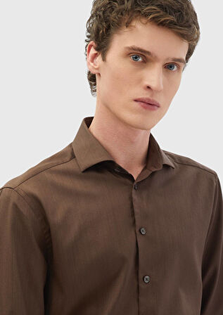 Kahverengi Düz Casual Fit Dokuma Casual İpek Karışımlı Gömlek