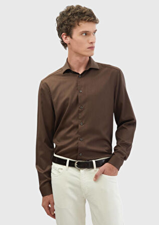Kahverengi Düz Casual Fit Dokuma Casual İpek Karışımlı Gömlek