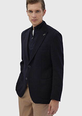 Lacivert Desenli Shirt Shoulder Slim Fit Yün Karışımlı Örme Ceket