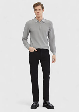 Açık Gri Polo Yaka Jakarlı Triko Kazak