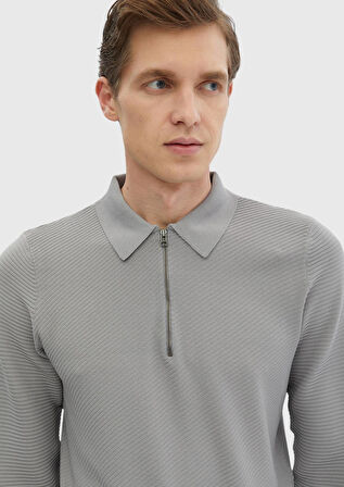 Açık Gri Polo Yaka Jakarlı Triko Kazak