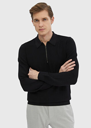 Siyah Polo Yaka Jakarlı Triko Kazak