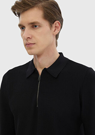 Siyah Polo Yaka Jakarlı Triko Kazak