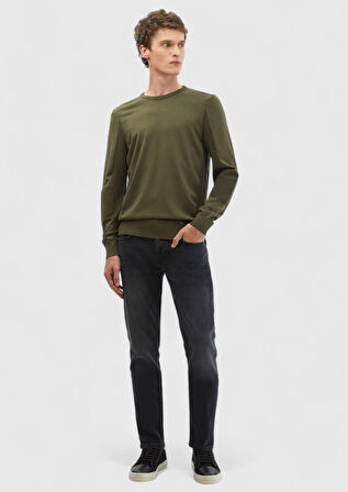 Haki Bisiklet Yaka Jakarlı Triko Kazak