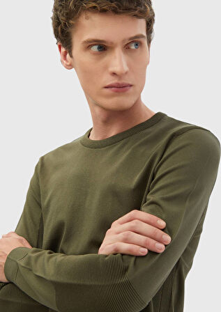 Haki Bisiklet Yaka Jakarlı Triko Kazak