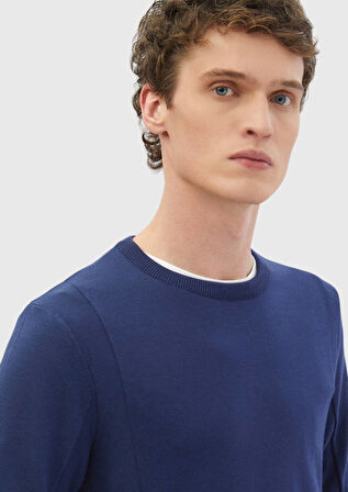 İndigo Bisiklet Yaka Jakarlı Yün Karışımlı Triko Kazak